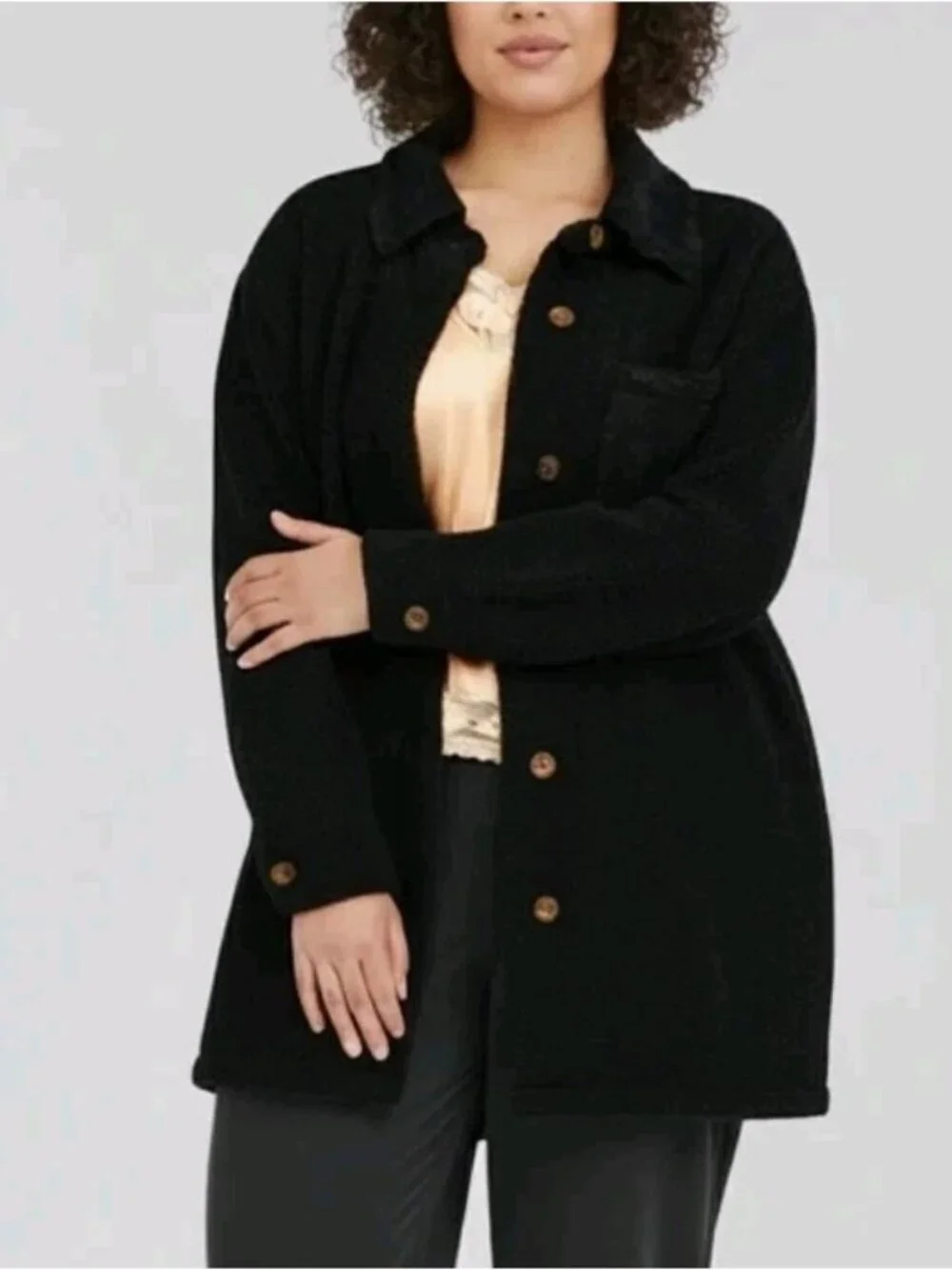Lucky Brand Size L  Black Teddy Sherpa Shirt Jacket Shacket Oversized